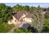 Beautiful aerial view of a well-maintained home surrounded by lush greenery and mature trees at 6524 Surry Pl, Parker, CO 80134