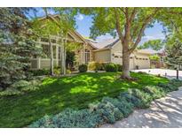 Charming front yard with lush green lawn and mature trees surrounding a beautiful beige home at 3145 Stevens Cir, Erie, CO 80516