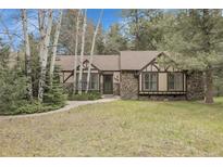 Charming home featuring stone accents, Tudor-style detailing, and a well-maintained lawn, nestled amongst mature trees at 150 Soda Creek Rd, Evergreen, CO 80439