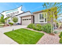 Well-manicured front yard with green grass, rock beds, and lush shrubbery complements the home's exterior at 9055 Swan River St, Littleton, CO 80125
