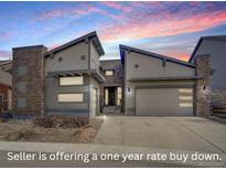 Striking contemporary home with stone accents and a two-car garage, set against a vibrant sunset sky at 9750 Taylor River Cir, Littleton, CO 80125