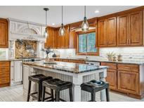 Spacious kitchen with granite countertops, stainless steel appliances, and a large island with seating at 6723 Perry Park Blvd, Larkspur, CO 80118