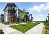 Townhouse exterior featuring gray siding, a well-manicured lawn, and a sidewalk at 6988 Ipswich Ct, Castle Pines, CO 80108
