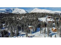 Aerial view of a mountain community with log homes nestled in snowy trees at 229 Lee Ln, Breckenridge, CO 80424