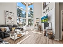 Bright living room with tall windows, fireplace and wood floors at 16231 Thunder Cat Way, Monument, CO 80132