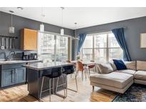Bright living space featuring modern kitchen, dining area, and comfortable seating, all with city views at 1440 Little Raven St # 202, Denver, CO 80202