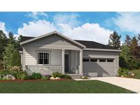 Charming single-story home with a gray exterior, stone accents, well-manicured lawn, and attached two-car garage at 24745 E 41St Ave, Aurora, CO 80019