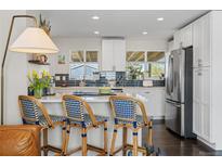 Bright kitchen with breakfast bar, white cabinetry, stainless appliances, and stylish decor at 3011 Oneida St, Denver, CO 80207