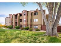 Three-story tan apartment building with red trim surrounded by bushes and green lawn at 8770 Corona St # 101, Denver, CO 80229