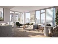 Bright open-concept living room featuring floor to ceiling windows and stylish modern furniture at 525 18Th St # 1702, Denver, CO 80202