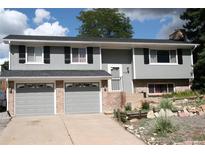 Charming home with a two-car garage, gray siding and landscaped front yard at 1008 Park View Ct, Castle Rock, CO 80104