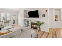 Cozy living room features a fireplace with a TV, a gray sofa, and wood-look vinyl floors at 8073 W 51St Pl # 303, Arvada, CO 80002