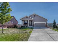 Gray exterior ranch home with stone accents, two-car garage, and landscaped lawn at 42396 Glen Abbey Dr, Elizabeth, CO 80107