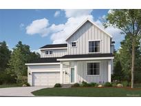 Charming two-story home featuring vertical siding, black roof, attached garage, and a cozy front porch at 771 Sunflower Dr, Brighton, CO 80601