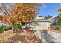 Two-story house with beige siding, attached garage, and autumn leaves at 9441 Wolfe St, Highlands Ranch, CO 80129