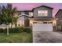 Two-story home with gray siding, stone accents, manicured lawn, and a two-car garage at 6894 E 133Rd Pl, Thornton, CO 80602