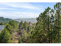 Scenic mountain view featuring evergreen trees and rolling hillsides under a partly cloudy sky at 7332 Woodglen Pl, Castle Pines, CO 80108