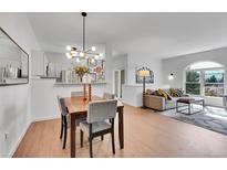 Bright living room with dining area, modern lighting, stainless steel appliances, and a comfortable sofa at 1858 S Cole St, Lakewood, CO 80228