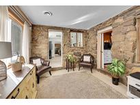 Inviting living room featuring stone walls, neutral rug, and comfortable seating; plant and decor create a cozy space at 4364 Colorado 103, Idaho Springs, CO 80452