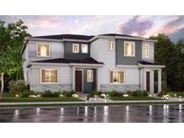 Modern two-story home with stone accents, fresh landscaping, and neutral colored siding for a cozy curb appeal at 14135 Deertrack Ln, Parker, CO 80134