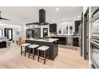 Modern black and white kitchen boasts a large island, sleek appliances, and stylish checkerboard flooring detail at 520 Columbine St, Denver, CO 80206