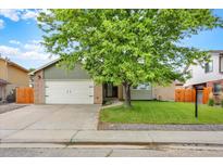 Charming home featuring a well-manicured lawn, brick accents, mature tree, and an attached two-car garage at 915 S Mckinley Ave, Fort Lupton, CO 80621