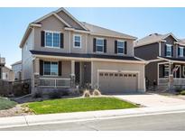 Charming two-story home boasts a manicured lawn, covered porch, and two-car garage at 7812 Blue Water Ln, Castle Rock, CO 80108