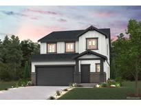 Charming two-story home with a gray garage door, a manicured lawn, and beautiful landscaping at 2161 Flower Blossom Ave, Brighton, CO 80601