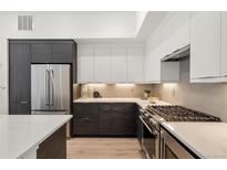 Modern kitchen featuring sleek white and wood cabinets, stainless steel appliances, and stylish countertop decor at 1735 E 18Th Ave, Denver, CO 80218