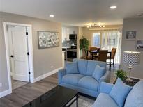 Cozy living room featuring a blue sofa, dark wood floors, and access to the kitchen and dining area at 1263 N Willow St, Denver, CO 80220