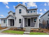 Charming gray home with well-manicured lawn, covered entry, and tidy landscaping under a bright blue sky at 14101 Deertrack Ln, Parker, CO 80134