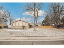 Ranch-style home with front yard, mature tree, and partial snow cover on a sunny day at 3596 E Fair Pl, Centennial, CO 80121