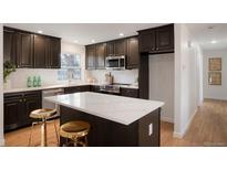 Modern kitchen features dark cabinets, stainless steel appliances, tile backsplash, and a quartz island with stool seating at 4751 S Xenia St, Denver, CO 80237