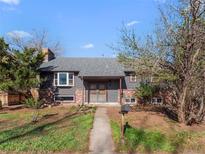 Charming exterior featuring a gray-painted facade, brick accents, a well-maintained lawn, and mature trees at 522 N Columbine St, Golden, CO 80403