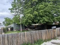 Cozy backyard featuring a wooden fence, lush green lawn, and mature trees at 188 S Dale Ct, Denver, CO 80219