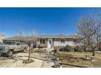 Charming single story home with stone accents, well-manicured lawn, and inviting front entrance at 7310 Carnation Pl, Commerce City, CO 80022