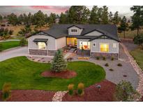 Charming single-Gathering home featuring lush green lawn, rock garden, and covered front porch at 9228 Lone Timber Ct, Parker, CO 80134