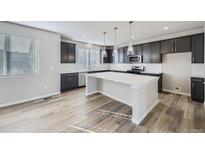 Modern kitchen with island, stainless steel appliances, and dark gray cabinetry at 2370 W 167Th Ln, Broomfield, CO 80023