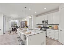 Modern kitchen featuring a granite island with seating, white cabinets and stainless steel appliances at 24447 E Ada Ave, Aurora, CO 80018