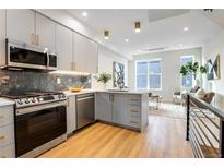 Modern kitchen with stainless steel appliances, sleek cabinets, and an adjacent living area with great natural light at 5148 W 44Th Ave, Denver, CO 80212