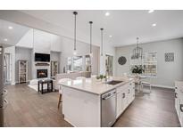 A modern, open-concept kitchen featuring a large island, stainless steel appliances, and a cozy living area with a fireplace at 6733 S Waterloo Ct, Aurora, CO 80016