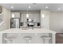 Bright kitchen featuring white countertops, an island with seating, and stainless steel appliances at 3011 Low Meadow Blvd, Castle Rock, CO 80109