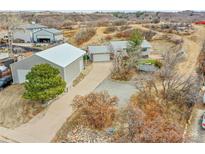 Aerial view of home showcasing the large detached garage, large lot, and surrounding landscape at 228 Birch Ave, Castle Rock, CO 80104