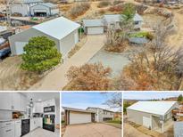 Wide aerial view of a house and its garage, showcasing a generous driveway and a spacious yard at 228 Birch Ave, Castle Rock, CO 80104