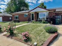 Charming brick home featuring a lush lawn, mature landscaping, and blooming rose bushes, offering delightful curb appeal at 10425 Franklin Way, Northglenn, CO 80233