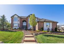 A well-manicured front yard featuring a brick home, steps leading to the front door, and mature landscaping at 9188 Buck Hill Dr, Highlands Ranch, CO 80126