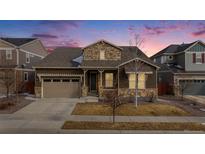 Charming home exterior featuring stone accents, covered porch, and well-maintained landscaping during twilight hours at 10114 Atlanta St, Parker, CO 80134