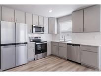 This is a modern kitchen with stainless steel appliances and gray cabinets at 46566 Avery Ln, Bennett, CO 80102