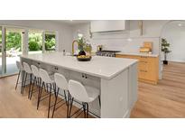 Bright kitchen boasts a large island with seating and sleek countertops, perfect for entertaining and modern living at 3736 S Hibiscus Way, Denver, CO 80237