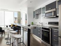 Modern kitchen with stainless steel appliances, gray cabinets, and a breakfast bar with seating at 55 W 12Th Ave # 510, Denver, CO 80204